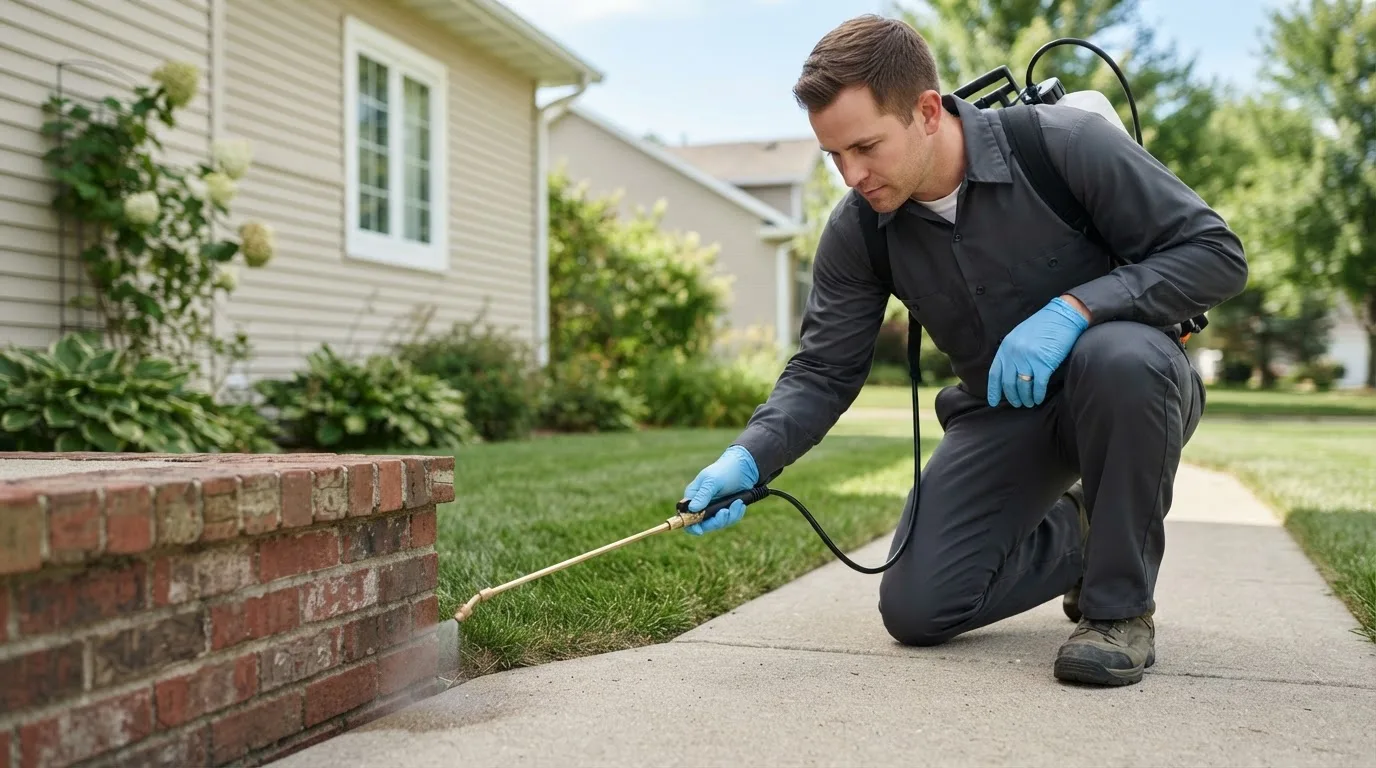 Pest control technician treating a home near Leitchfield, KY